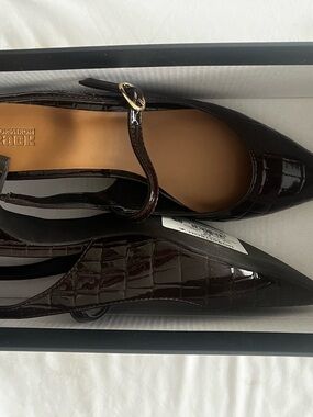 Nordstrom Dark Brown Croc-Embossed Patent Mary Jane Flats